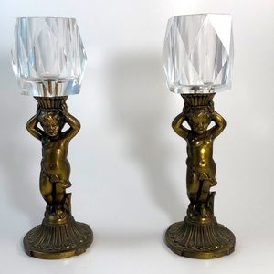 Vintage Brass Cherub & Crystal Candle Holders
